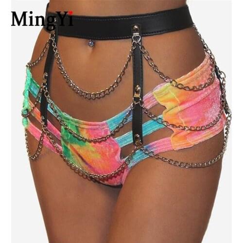 Goth Punk Leather Harness Waist Belt Silver Metal Chain Skirt Bdsm Hollow Sexy Body Chain Belt Mini Skirt Nightclub Party Wear