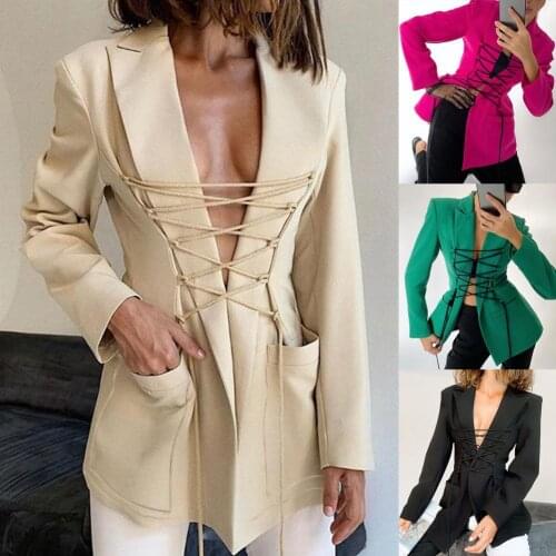Office Lady Blazer Solid Color Pockets Spring Autumn Turndown Collar Bandage Suits Jacket Coat Streetwear Slim Women Fashion
