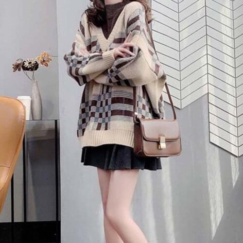 2021 Autumn Winter Fake Two Pieces Sweater Vintage Plaid Print Turtleneck Knitted Pullovers Casual Long Sleeve Jumper Womens