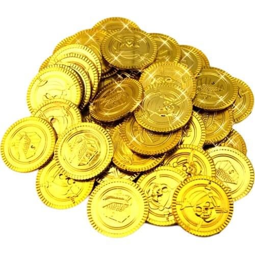 100pcs Fake Plastic Pirate Gold Coins Pirate Skull Treasure Coin Pirate Treasure Game Coin Toys for Kids Children Game Halloween