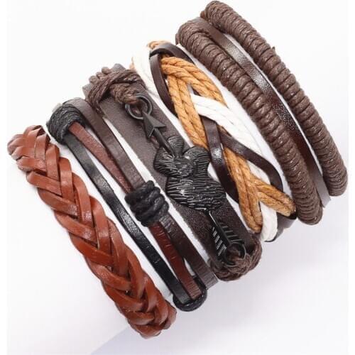 5pcs/set H-Grade Black Brown Genuine Leather Men Bracelets For Women Bangles Skull Hand Feather Charm Femme Homme Male Jewellery