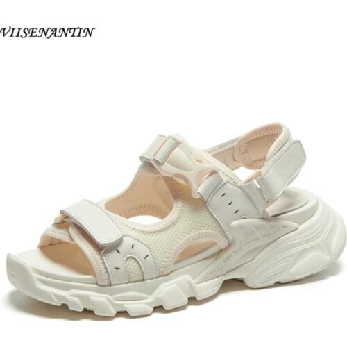 White Back Strap Leather Sports Sandals Female Summer Hook Loop Thick-soled Flat Platform All-match Casual Daddy Shoes for Women