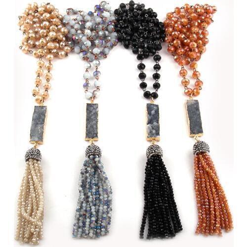 Free Shipping Fashion Bohemian Tribal Jewelry Glass Rosary Chain Rectangle Druzy Link Crystal Tassel Necklaces Ethnic Necklace