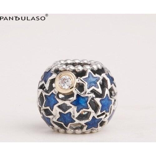 DIY Beads Openwork Blue Star Charm Fits Original Silver Bracelets For Woman Sterling Silver Jewelry Beads For Jewelry Making