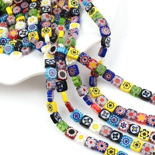 6mm/8mm/10mm Colorful Square Shape Flower Lampwork Glazed Glass Beads for Bracelet Necklace DIY Jewelry Making