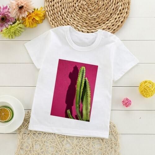 New Fashion Ins Wind Plant Girl Clothes Summer Green Cactus Boys Clothes Cute Funny Children T-shirt Crew Neck White Kids Tops