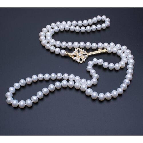 8-9mm Nearround Pearl Long Necklace In 90cm Customized Length Pearl Sweater Necklace With Luxury Key Clasp Jewelry Gifts