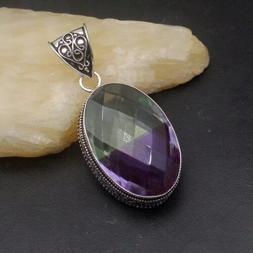 Elegant Oval Shape Dichroic Glass Silver Color Pendant Necklace Charm Gifts 52mm HD243