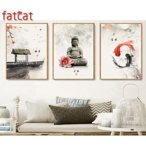 FATCAT diamond Painting diy diamond embroidery New Chinese ink Flowers Buddha 3 Pieces koi Decoration rhinestone mosaic AE140