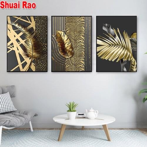 3 Panel diy Diamond Painting Nordic abstract gold Leaves,full square drill diamond embroidery cross stitch Landscape Triptych