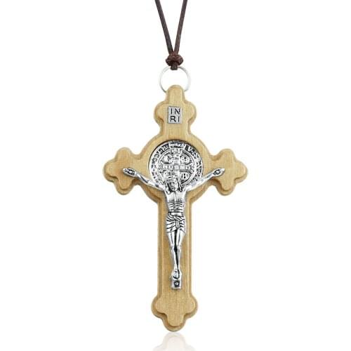 Catholic Latin Cross Necklace Pendant for Men Large Wood Crucifix Saint Benedict Medal Necklaces Womens Religious Jewelry