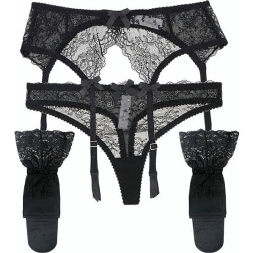 Ningsige Sexy 3pcs Garters+thongs+stockings Lace Bow Transparent Underwear S M L XL Black/White/Pink