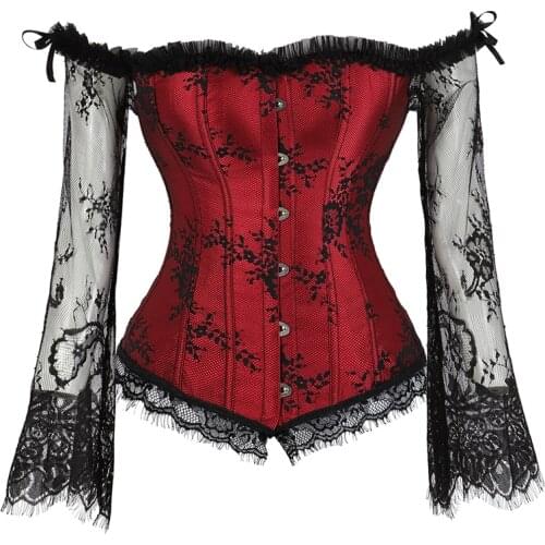 Corset Top Bustier Lingerie Women with Long Sleeves Renaissance Plus Size Lace Floral Sexy Costumes Burlesque Red Black White