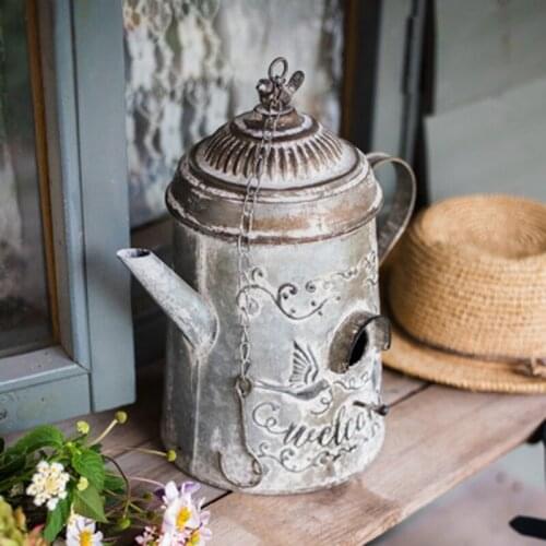 Hot Newly Beautiful Watering Can Bird House Design Retro Handmade Vintage Garden Ornaments