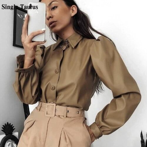 Fashionable Womans PU Shirts Fall Puff Sleeve Leather Womens Tops Blusas Mujer De Moda Solid Color Top Quality Women Shirts