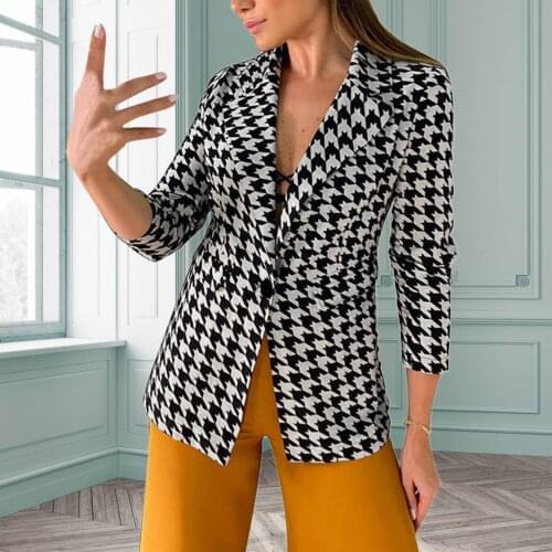 Fashion Autumn Womens Cardigan Blazer Jackets Plaid Printing Button Lapel Slim Temperament Suit Casual Female Blazer Coat #40