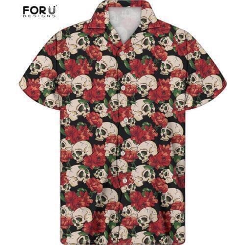 FORUDESIGNS Sugar Skull Floral Pattern Hawaii Style Mens Shirts Summer Breathable Turn-down Collar Male Casual Blouse Tops Tee
