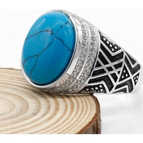 Pure 925 Sterling Silver Men Ring with Oval Blue Turquoise Stone & Clear CZ Life Track Male Rings Turkish Fashion Jewelry Gift