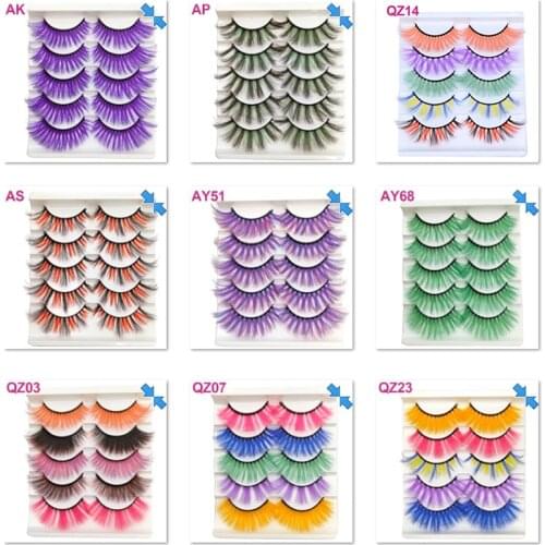 OKAYLASH 5 pairs Color False Eyelashes Set Mixed Pink Red Blue Purple 3D Colored Fake Lashes for Daily Makeup Halloween Cosplay