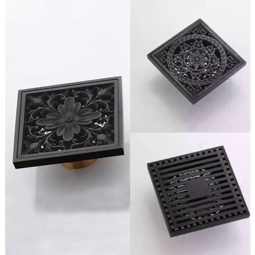 Floor Drain Black Brass Bathroom Balcony Anti-odor Shower Drain Strainer Cover Square Peony Pattern Tile Insert Waste Grates