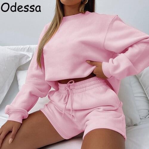 Odessa 2021 Autumn Casual Sweatshirt Two Piece Set Women Korean Long Sleeve Loose Tops and Shorts Suits Winter Solid Lounge Wear