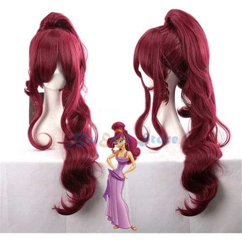 Halloween Cosplay Wig Hercules Megara Meg Dark Red Synthetic Hair Base Wig + Pigtail Role Play Hair for Adult