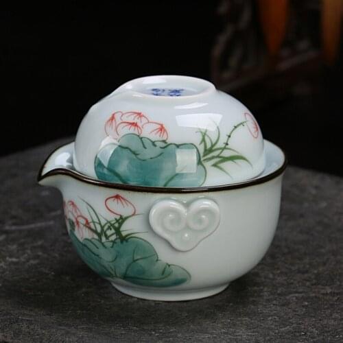 Celadon Hand Painted Portable Teapots Ceramic Kung Fu Drinkware Tea Set 1 Pot + 1 Cups Handmade Travel Chinese Cover Bowl