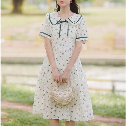 Peter pan Collar Floral Short Sleeve Summer Kawaii Dresses Cherry Chiffon Print Bow Cute French Sweet Dress Vestidos