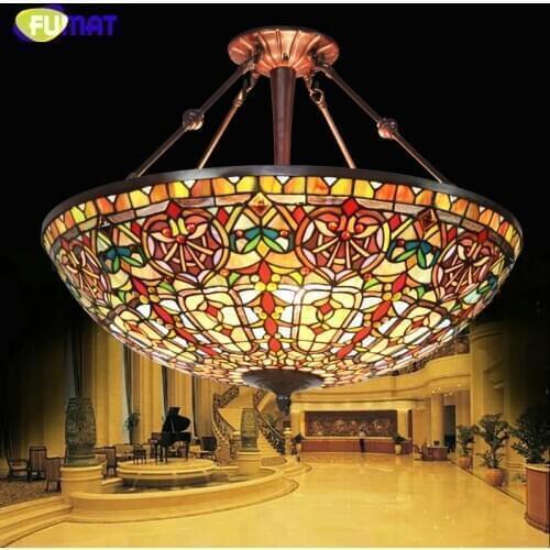 FUMAT Tiffany Palace Style Baroque Antique Pendant Lights Classic Hotel Drop Lamp Living Room Stained Glass Reverse Chandeliers