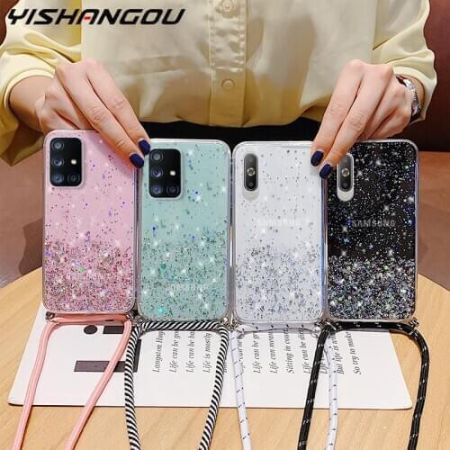 With Neck Strap Rope Cord Clear Glitter Case For Samsung Galaxy A51 A50 A71 A70 S20 FE S21 Ultra S10Plus A72 A12 A32 A42 A52 A22