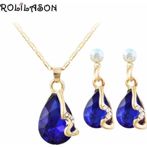 ROLILASON royal blue water drop shape gold zircon set spring carnival jewelry pendant necklace earrings anniversary gift JS819
