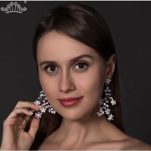 Luxury Crystal Flower Long Drop Dangle Earrings for Women Shiny Leaf Bridal Wedding Earrings Party Jewelry