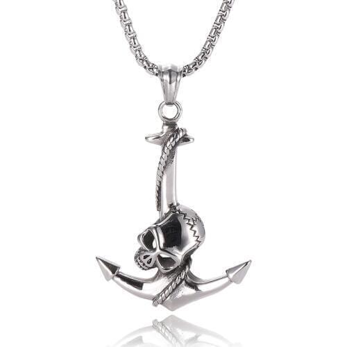Halloween Jewelry Skull anchor Necklace Stainless Steel Gothic Biker Pendant & Chain For Men Women Punk Gift BB0050