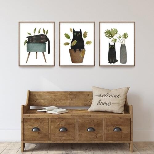 Funny Black Cat and Potted Plants Canvas Painting Wall Art Nordic Posters and Prints Wall Pictures for Living Room Decoration