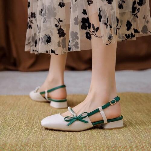 Womens Sandals 2021 Summer and Autumn Fashion Ladys Square Toe Shallow Mouth Beaded Slip-on Back Strap Small Leather Shoes