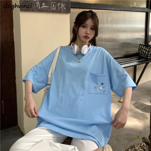 T-shirts Women Oversize All-match Embroidery Bf Simple Teens Popular Fashion Loose Students Leisure Korean Style Mujer Tops New