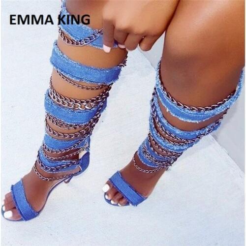 Women Summer Gladiator High Heel Sandals Sexy Denim Metal Chain Wrap Ladies Knee High Boot Sandals Womens Black High Heel Shoes