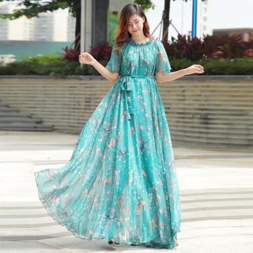 Womens Fashion Flowers Dress Floral Maxi Boho Summer Beach Weekend Party Round Neck Flare Short Sleeve Long Plus Size Dresses