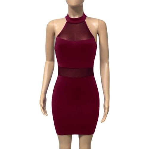 Women Dress See-through Mesh Patchwork Fashion Halter Sleeveless Dresses Club Cocktail Party Business Office Lady Elegant Robes