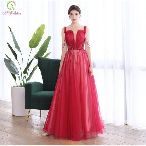 SSYFashion New Wine Red Evening Dress Strap Tassel Crystal Beading Sleeveless Long Formal Gown Prom Dresses Vestidos De Noche