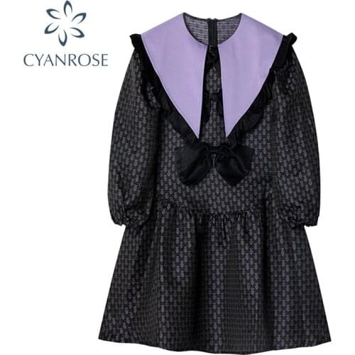 Autumn Vintage Hepburn Style Black Mini Dress Women Big Lapel Bow Long Sleeve French Elegant Jacquard Dresses Lady 2021 New