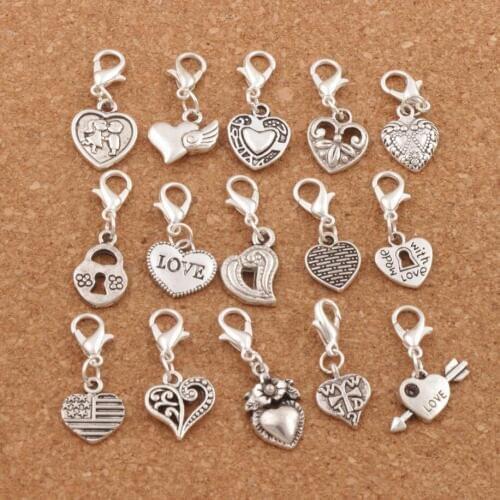 15styles mix Heart Clasp European Lobster Trigger Clip On Charm Beads 15PCS Zinc Alloy Findings CM52