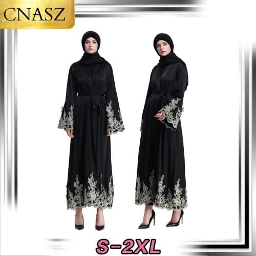 2020 New Muslim Upscale Gold Silk Embroidered Lace Cardigan Robe Abaya Dubai Middle East Style Islamic Turkey Fashion Abaya