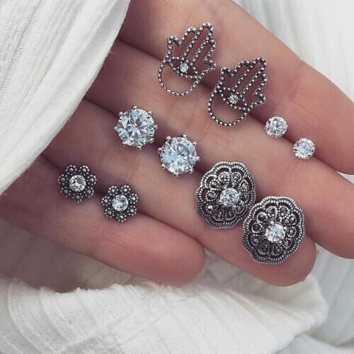 4pairs/set Vintage Crystal Stud Earrings for Women Stone Beads Ear Cuff Piercing Ears Clips Love Party Jewelry Ear Studs Brincos