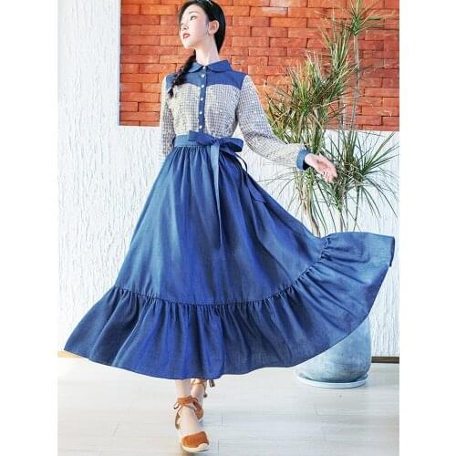 Free Shipping 2021 Boshow Autumn Cotton Long Maxi Full Sleeve Dress Big Hem Vintage Turn-Down Collar S-XL Blue Patchwork Plaid