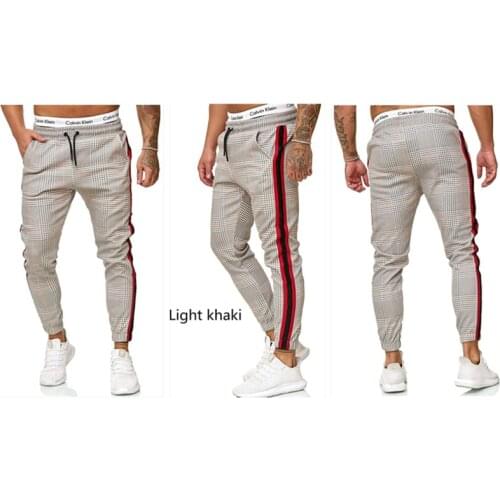 Mens Plaid Ankle Elastic Slim Fit Pants Midwaist Men Stretch Pants Hip-Hop Jogger Length Pants Fashion Breathing Casual Trouser