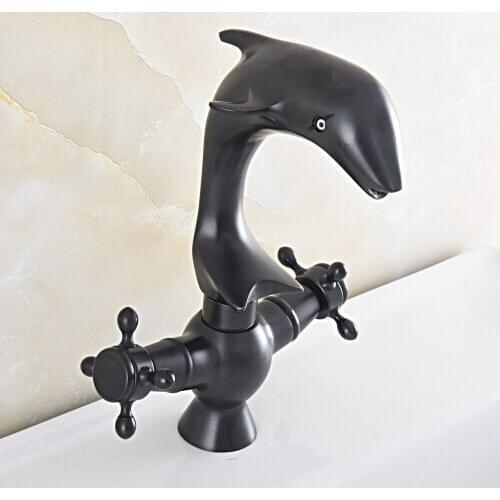 Black Oil Rubbed Bronze Swivel Spout Dual Cross Handles Cute Animal Dolphin Style Bathroom Kitchen Sink Faucet Mixer Tap asf842