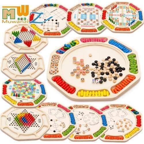 Wooden blocks multifunctional sixteen in one Checkers flying five chess table games educational toys set gift M129
