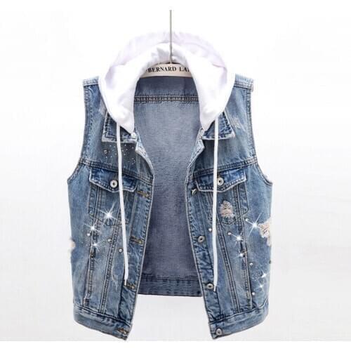 Hot drill rhinestone Korean fashion hooded jackets 2020 NEW women sleeveless denim vests casual waistcoat JC241