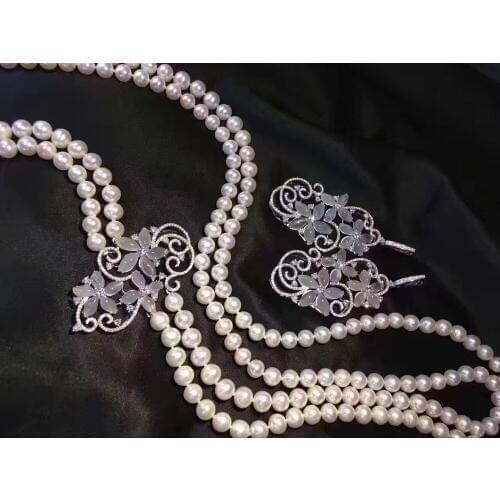Fine jewelry real natural fresh water pearl long necklace multi layers 925 sterling silver with chalcedony flower jewerly set
